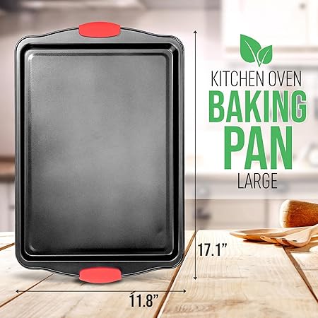 NutriChef Large Nonstick Cookie Sheet for Baking - 17" x 11" Carbon Steel Kitchen Oven Baking Pan, Premium Restaurant Grade Bakeware wRed Silicone Handles - Easy to Clean, Black