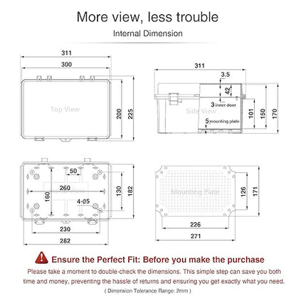 QILIPSU Waterproof Junction Box IP67 Outdoor Plastic Electrical Project Enclosure Weatherproof with Inner Door, Mounting Plate, Wall Brackets, Hinged Grey Cover 11.8"x7.9"x6.7" -D