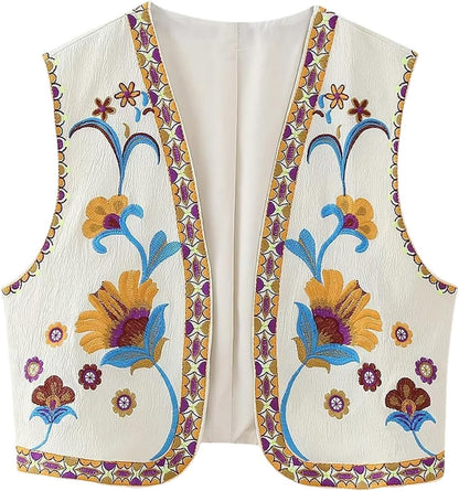 Wyeysyt Women Floral Embroidered Vest Vintage Sleeveless Boho Y2k Cardigan Open Front Cropped Waistcoat