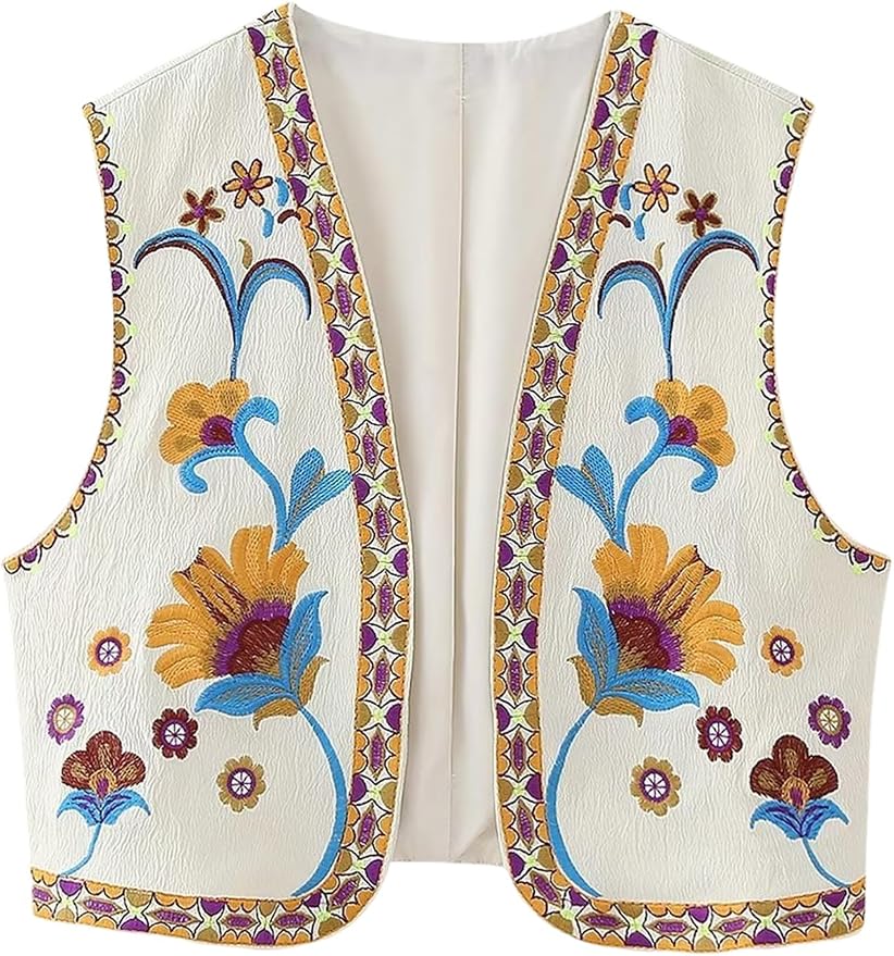 Wyeysyt Women Floral Embroidered Vest Vintage Sleeveless Boho Y2k Cardigan Open Front Cropped Waistcoat