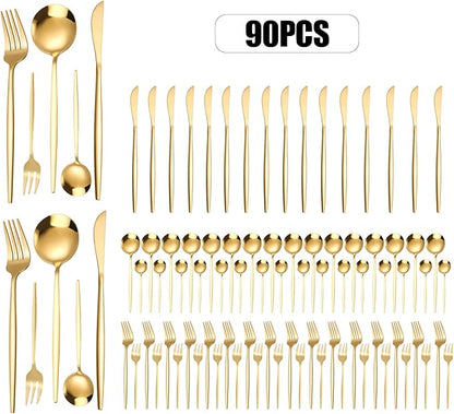 Gold Silverware Set, 90 Piece Golden Cutlery Set Service for 18, Stainless Steel Flatware Set Include Spoons Forks Knives Tableware Utensil Set, Mirror Polished, Dishwasher Safe