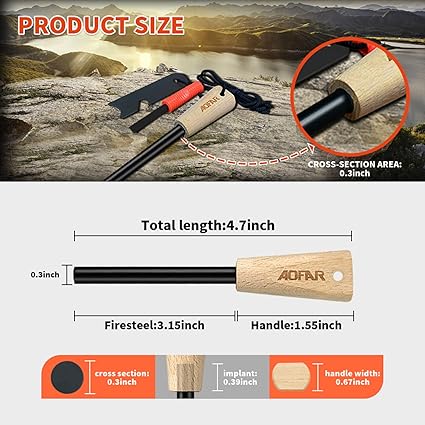 AOFAR Magnesium Fire Starter AF-382 (2-Pack) and AF-374 (2-Pack) Waterproof Fire Steel Pouch for Camping, Hiking, Hunting