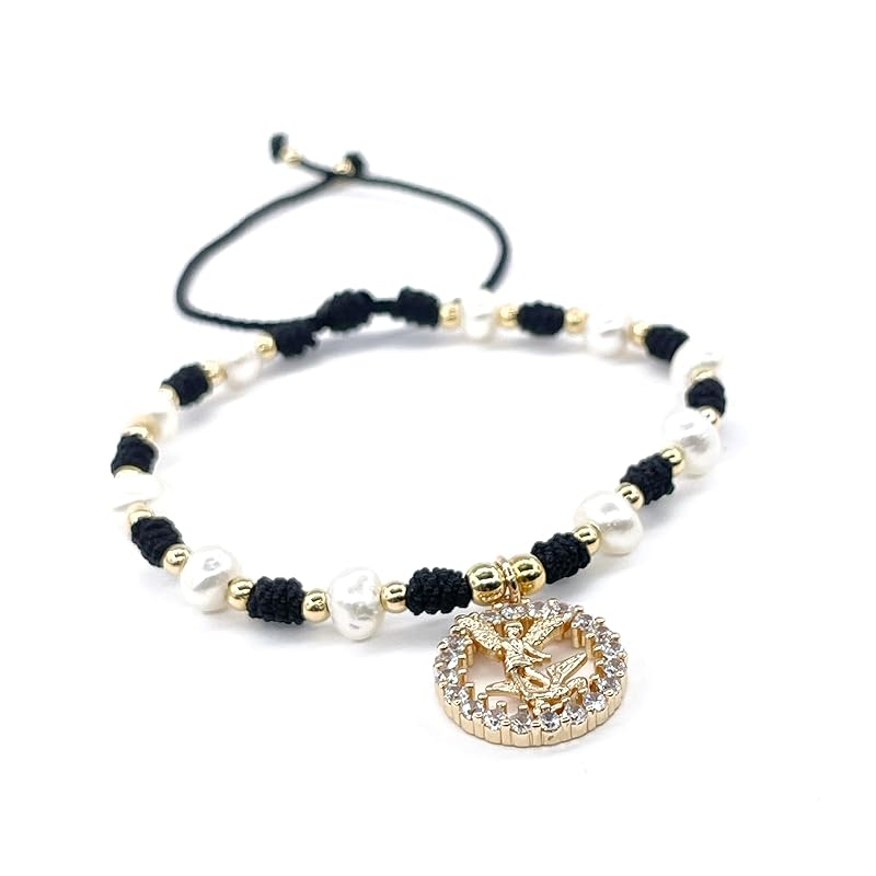 St Michael Archangel Pendant Medal on Adjustable Ivory Cord and Freshwater Pearls Wrist Adjustable Bracelet (Black)