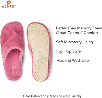 Acorn Women's Spa Thong Slippers with Cloud Contour Comfort - Arch Support and Plush Fluffy Terry Lining, Perfect for Beach, Camping, Poolside, or Bathroom Wear