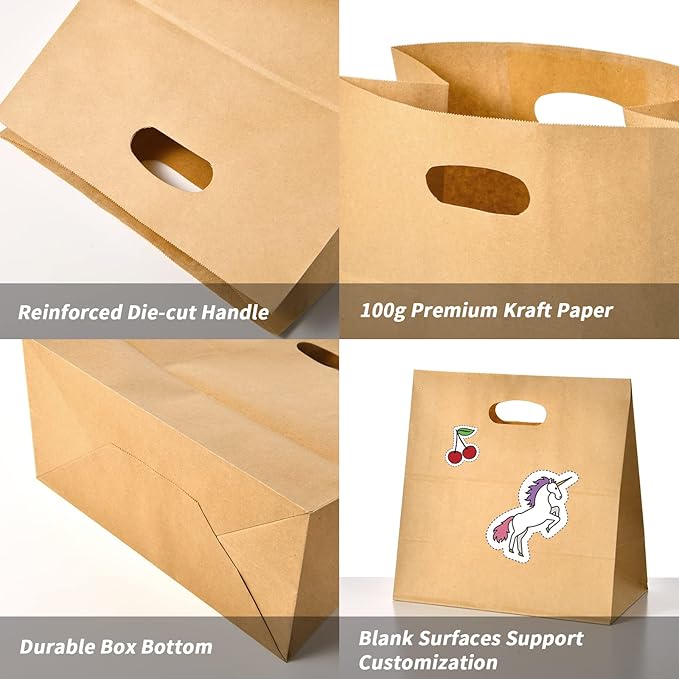 COGLARING 50Pcs 11x6x11 Brown Kraft Paper Bags with Handles, Die Cut Tote Bulk for Retail Shopping Takeout Bakery Gift Bags