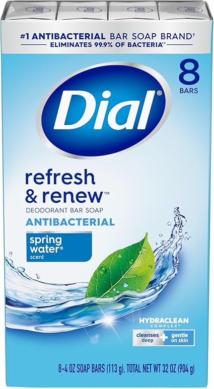 Dial Antibacterial Bar Soap, Refresh  Renew, Spring Water, 4 Oz, 8 Bars