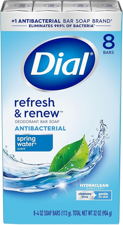 Dial Antibacterial Bar Soap, Refresh  Renew, Spring Water, 4 Oz, 8 Bars