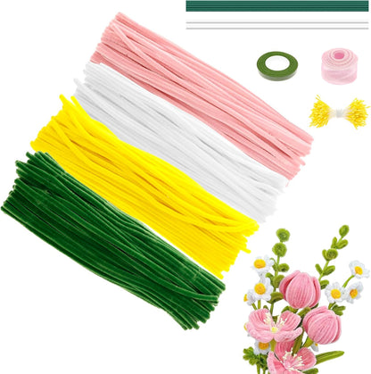 400 Pcs Pipe Cleaners Craft, Pastel Chenille Stems for DIY Art Projects Creative Gift (4 Colors), Flower Making Kit with Floral Wires Tape, Bulk Fuzzy Pipe Cleaner Flower Kit for Party Decor (Pink)