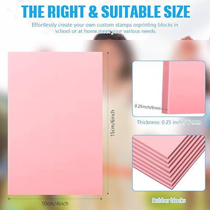 4 Pcs 4" x6 Pink Rubber Art Soft Linoleum Carving Block, Rubber Crafts Linocut Block for Printmaking,Stamp Carving Block