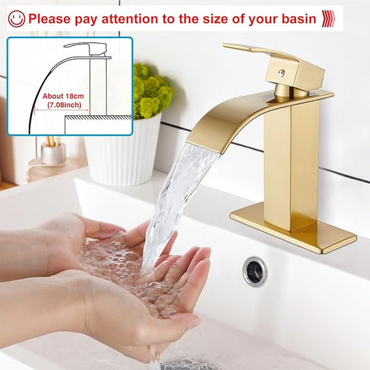 Midanya Bathroom Sink Faucet, Waterfall Nozzle, Single Handle, 1 Hole, Deck Mount, Commercial Vanity Mixer Faucet with Fold-Out Drain, Short, Brushed Gold