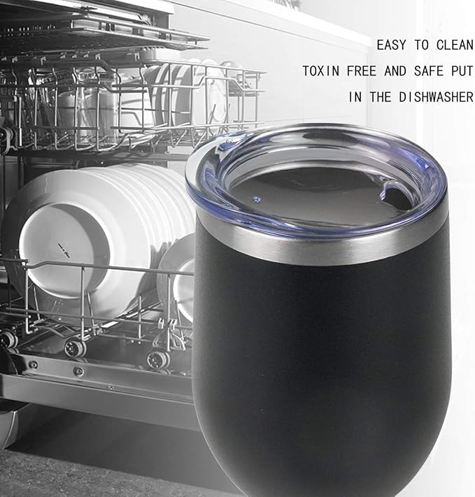 Wine Tumbler - 4 Pack 12 oz Stainless Steel Tumbler with Lid,Stemless Double Wall Vacuum Insulated Travel Cup for Wine,Coffee,Cocktails(Black)