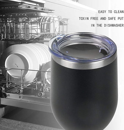 Wine Tumbler - 4 Pack 12 oz Stainless Steel Tumbler with Lid,Stemless Double Wall Vacuum Insulated Travel Cup for Wine,Coffee,Cocktails(Black)
