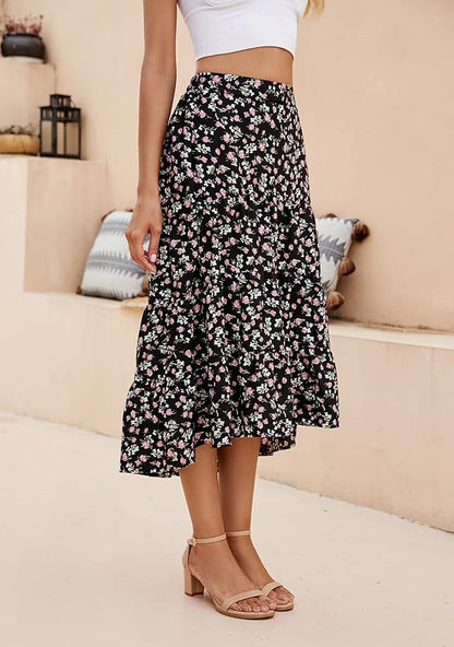 SimpleFun Women's Long Skirts Boho Floral Elastic High Waist Asymmetrical Hem Midi Skirt