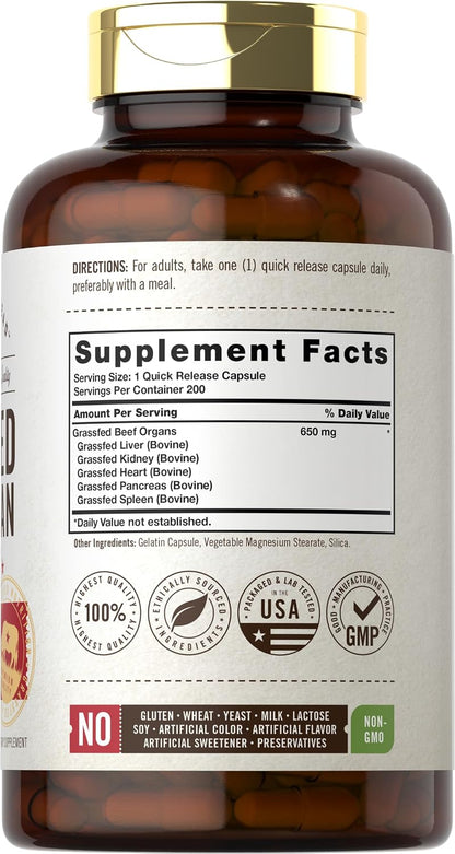 Carlyle Grass Fed Beef Organ Complex | 200 Capsules | Pasture Raised, Grain Free Supplement | with Desiccated Liver, Kidney, Pancreas, Heart, Spleen | Non-GMO, Gluten Free | by Herbage Farmstead (Sealed product, but the bottle has dents)