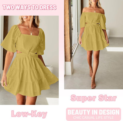 Senllen Womens Summer Dresses 2026 Short-Sleeve Square Neck Mini Dress Crossover Elastic Waist Casual Party Tiered Dress