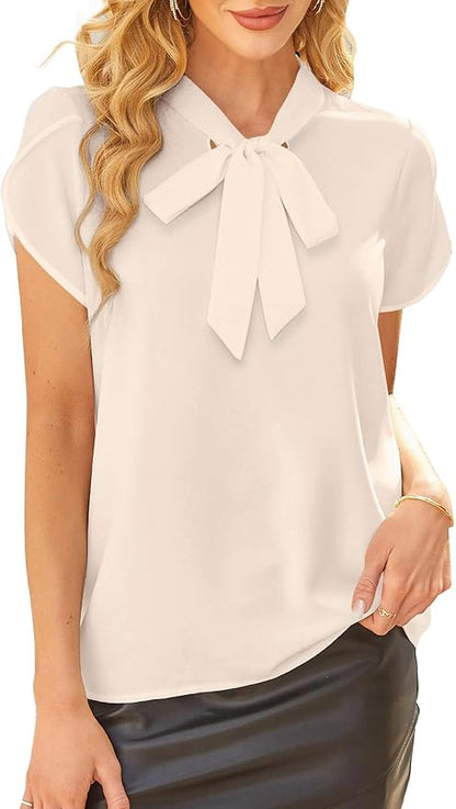Avanova Women Short Sleeve Blouses Tie Neck Petal Tulip Sleeve Tops Work Business Shirts