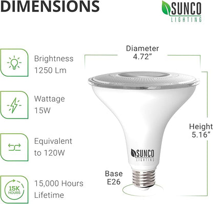 Sunco Outdoor LED Flood Light, Waterproof PAR38 Dusk to Dawn Bulb, 1250 LM, 120W Equivalent 15W, Exterior, Wet-Rated, 3000K Warm White, E26 Base, UL 2 Pack