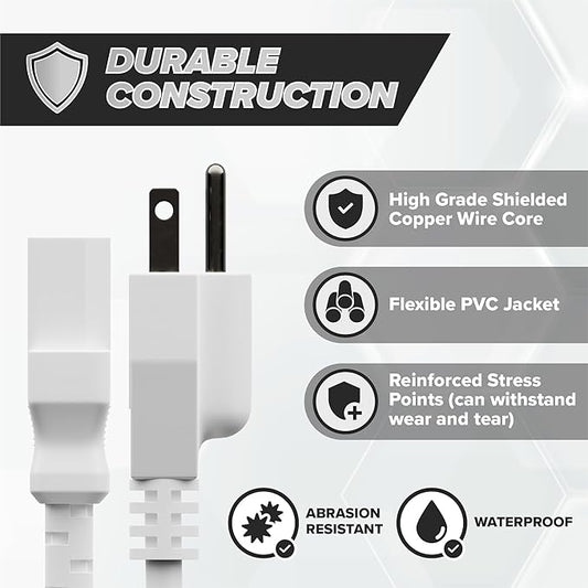 THE CIMPLE CO 5 Feet, White - 3 Prong AC Power Cable for Computer, Medical, Server,  Desktop - C13 Power Supply Cord - NEMA 5-15P to C13  IEC 320 - (1.5 Meter)