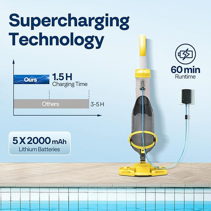 VIVOHOME Cordless Pool Vacuum with Telescopic Pole, Powerful Suction up to 18.5 GPM, 60 Mins Running Time, Handheld Rechargeable Swimming Pool Cleaner for Pools/Spas/Hot Tubs - Yellow