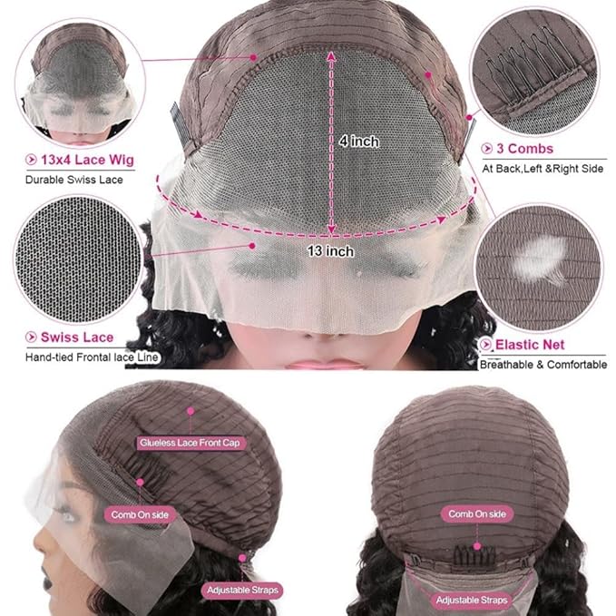 13x4 HD Deep Wave Lace Front Wigs Human Hair Pre Plucked Deep Wave Frontal Wigs Human Hair Curly Lace Front Wig Human Hair 180 Density Glueless Human Hair Wigs 24 Inch