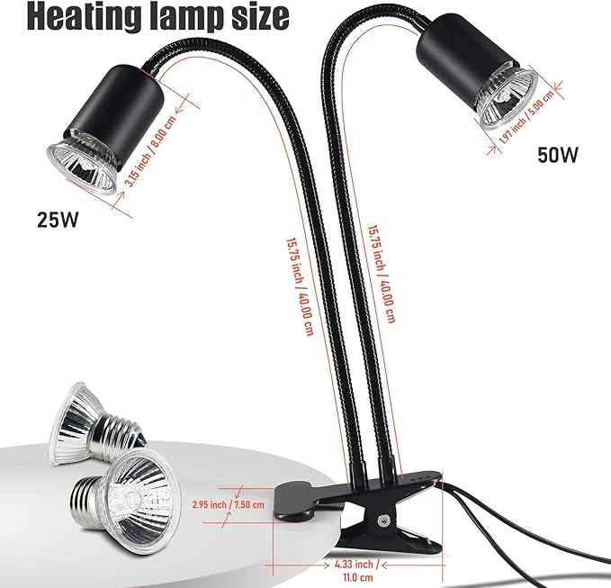 Reptile Heat Lamp, Double-Head Heat Lamp with Clamp, UVA UVB Reptile Light with Intelligent Cycle Timer for Turtle, Bearded Dragon, Lizard and More, 2 Bulbs 25W50W