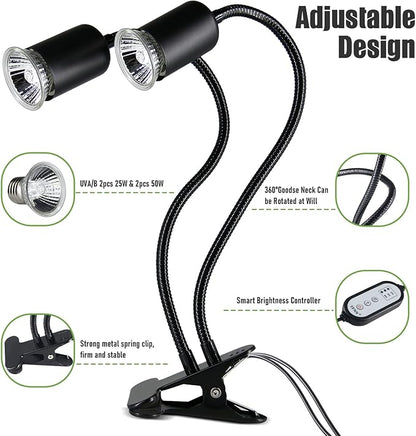 Reptile Heat Lamp, Double-Head Heat Lamp with Clamp, UVA UVB Reptile Light with Intelligent Cycle Timer for Turtle, Bearded Dragon, Lizard and More, 2 Bulbs 25W50W
