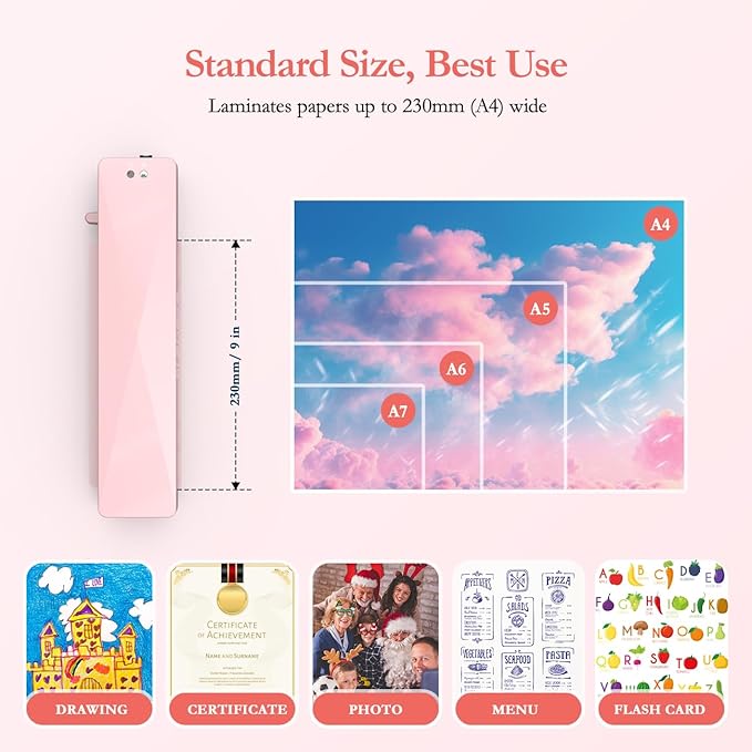 Crenova A4 Laminator Machine 4 in 1 Personal Desktop Hot  Cold with 10 Laminating Pouches No Bubbles 9 Inch Thermal Laminator for Home Office School Business Use Pink