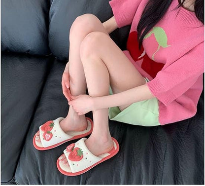 Women Kawaii Slippers Indoor Linen Slippers Strawberry Linen Cotton Slippers Home Floor Non-Slip Slides