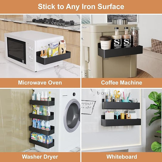 Magnetic Spice Rack for Refrigerator, Kitchen Organizer and Storage Shelf, Black (2 Pack)...