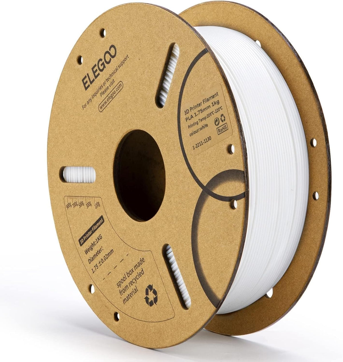 ELEGOO PLA 3D Printer Filament, 1.75 mm, 1 kg, White