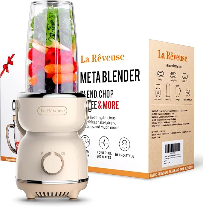 La Reveuse Personal Size Blender 300 Watts for Shakes Smoothies Seasonings Sauces with 17 oz Cup  10 oz Mug,Retro Style