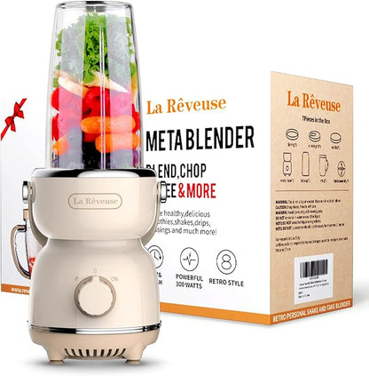 La Reveuse Personal Size Blender 300 Watts for Shakes Smoothies Seasonings Sauces with 17 oz Cup  10 oz Mug,Retro Style
