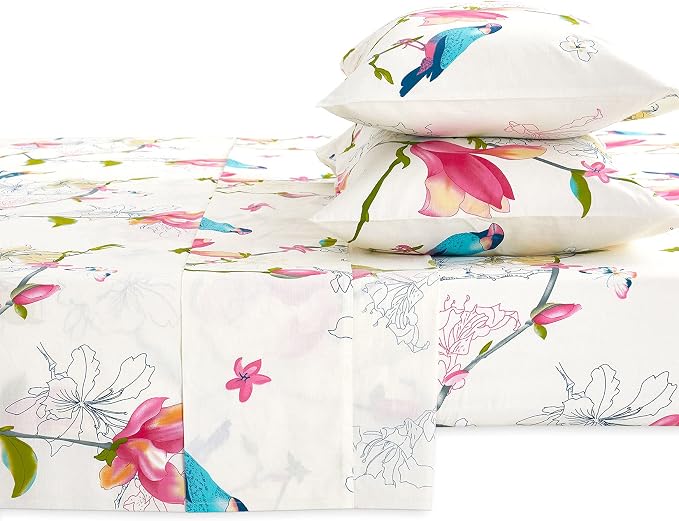 Wake In Cloud - Floral Bed Sheets, 100% Cotton, 4-Piece Sheet Set, Bird Patterned Printed Botanical Boho Flower Aesthetic Bedding, Deep Pocket, Pink Beige, King Size
