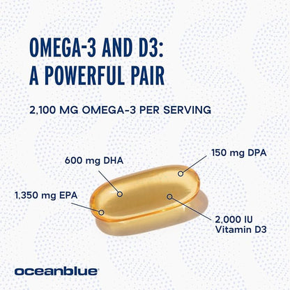 Oceanblue Professional Omega-3 2100 with Vitamin D3  60 ct  Triple Strength Burpless Fish Oil Supplement with High-Potency EPA, DHA, DPA and Vitamin D3  Wild-Caught  Vanilla Flavor (30 Servings)