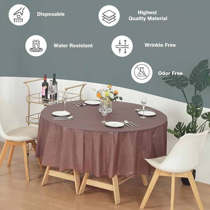 Evershine 6 Pack 84 Inch Plastic Table Cover, Brown Round Disposable Table Covers Plastic Tablecloth