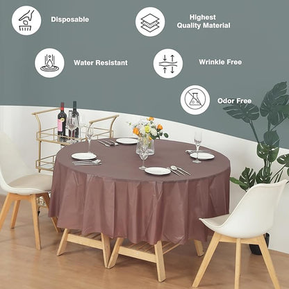 Evershine 6 Pack 84 Inch Plastic Table Cover, Brown Round Disposable Table Covers Plastic Tablecloth