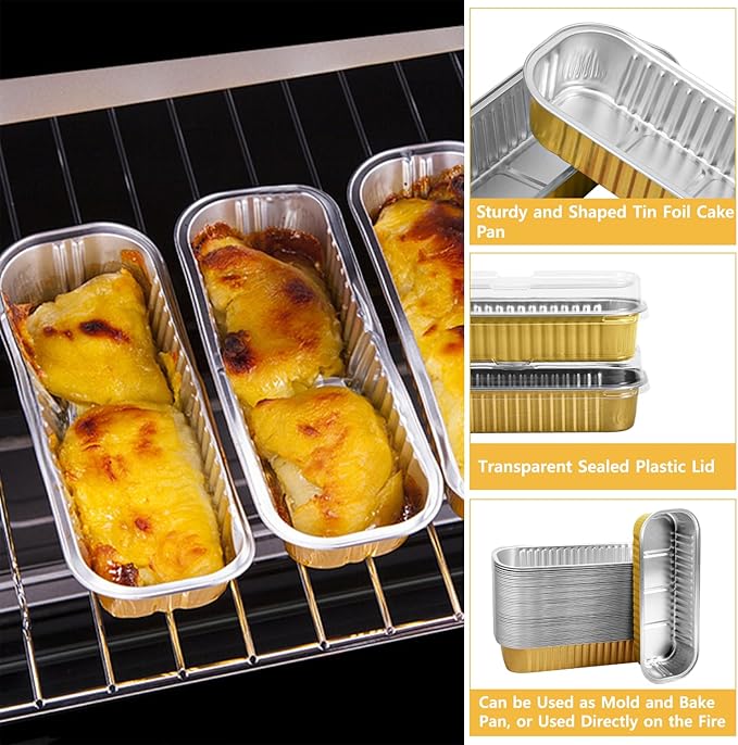 Ruckae 100 Pack Mini Loaf Pans with Lids and Spoons Disposable Aluminum Tin Foil Pans Rectangle Mini Loaf Cake Pan for Baking,Party,Picnics,Gifts (Gold)