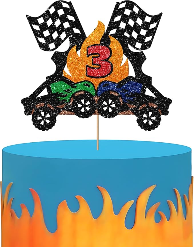 Monster Truck 3rd Birthday Cake Topper, Big Truck Fast Three Cake Topper for Boys, Racing Car Three Years Old Birthday Cake Decor, Racing Theme 3rd Anniversary Party Decoration - Black Glitter