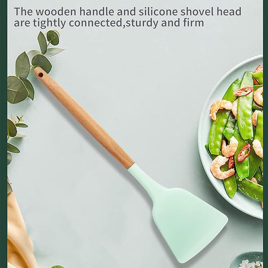 Silicone Solid Spatula with Wooden Handle, Heat Resistant and Non Stick Cooking Utensil, Kitchen Turner for Frying, Baking, Flipping, Mixing, Serving, Draining, Stirring (light green)
