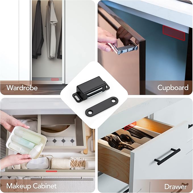 Ravinte 4 Pack Black Magnetic Door Catch, Matte Black Cabinet Magnets, Strong Magnetic Catch Latch for Kitchen Cabinets, Drawers  Cupboards, Stainless Steel Closures
