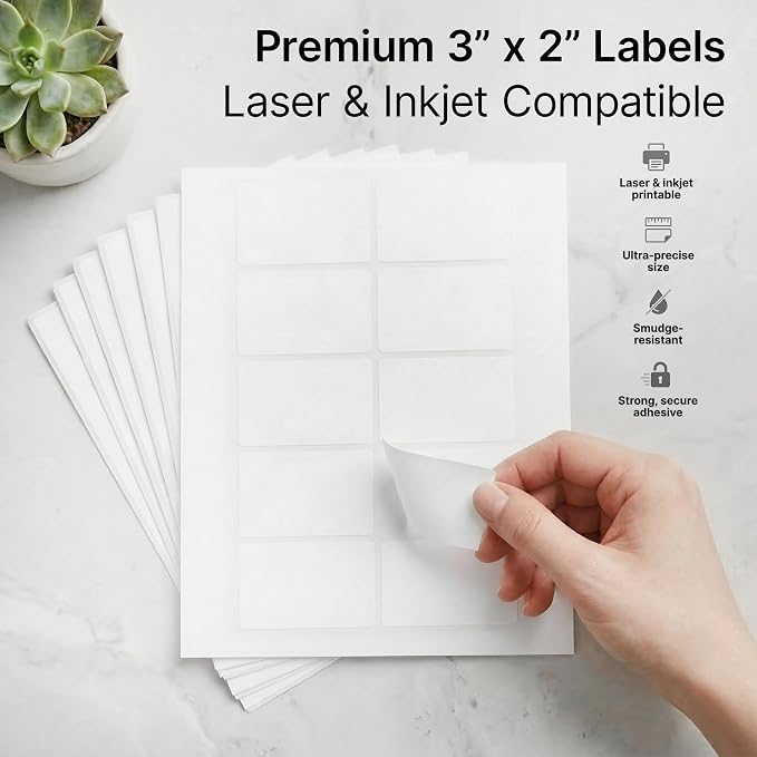 3" X 2" Matte White Printable Shipping Labels (250 Sheets, 2500 Stickers) Mailing and Address Labels, Product Packaging Stickers for Laser & Inkjet Printers - Spartan Industrial Template R011