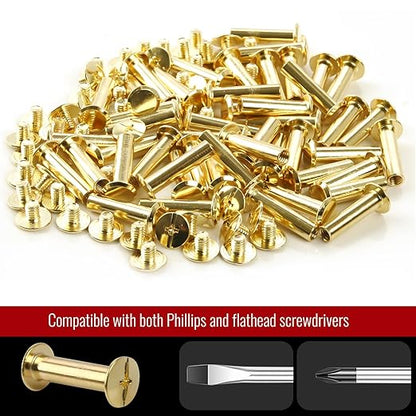 Chicago Binding Screws - 5mm x 12mm Binding Posts - 9.5mm Phillips Nut - Chicago Screw Binding Post Screw Kit for DIY Leather Decoration Scrapbook Photo Albums Bookbinding (Gold, 50 PCS)