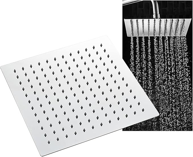 Stainless Steel Silicone Nozzle Shower Head, Adjustable Angle Square High-Pressure Rainfall Showerhead Replacement, 8 Inches