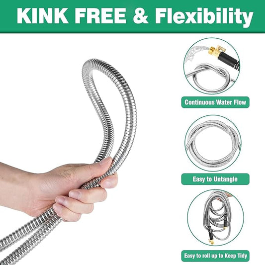 75Ft Metal Garden Hose durable stainless steel Water Hose, flexible, lightweight hose is resistant to kinks and tangles.With 10-way nozzle, strong 34 metal fittings, and a Stop Valve.