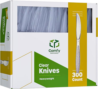 Comfy Package 300 Pack Clear Plastic Knives Heavy Duty with Engraved Design - Plastic Knives Disposable, Sturdy Plastic Silverware for Parties, Weddings, and Events