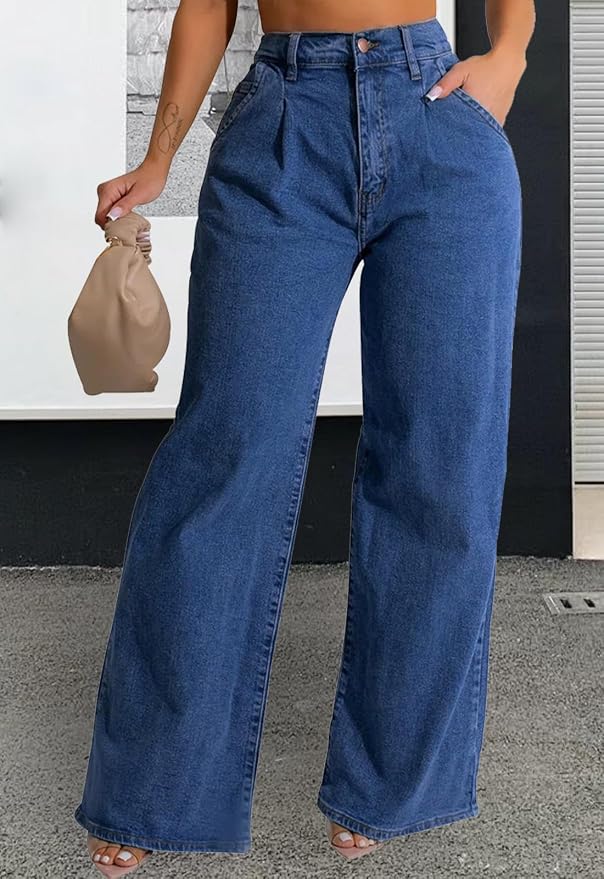 Light blue In Color, ZERMOM Women's Wide Leg Jeans Casual Stretch High Rise Baggy Loose Denim Pants