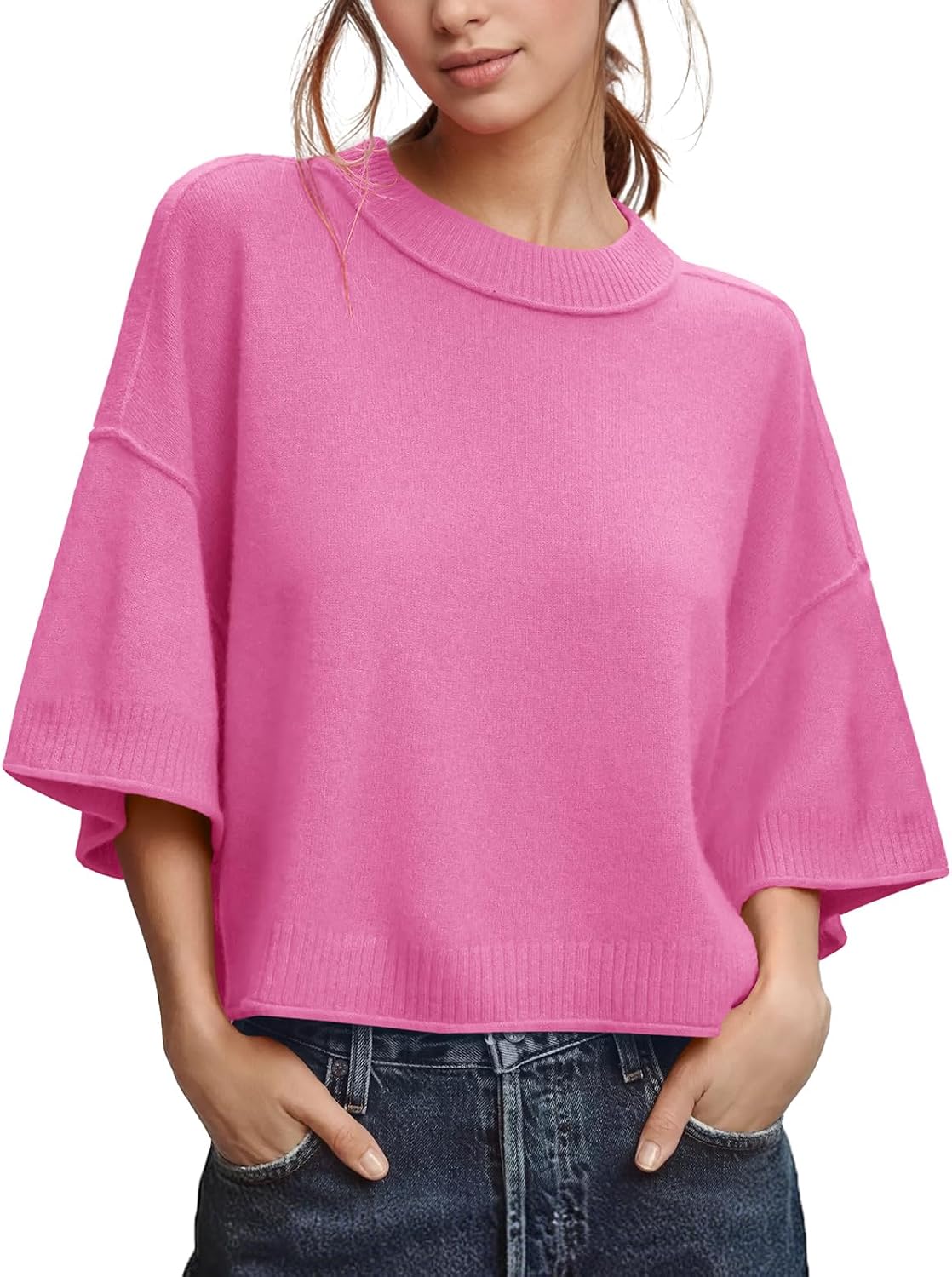 Women's Oversized Sweaters Summer 3/4 Sleeve Casual Cropped Tops Lightweight Loose Fit Knit Pullover