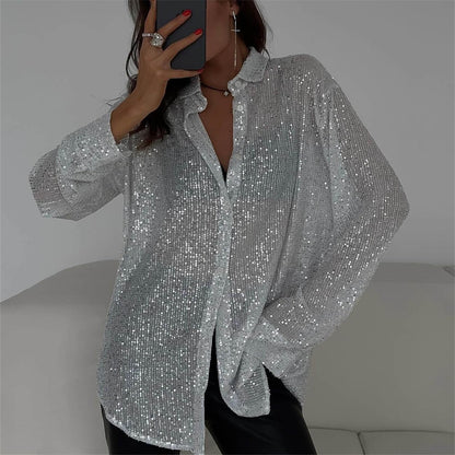 MINTLIMIT Women's Sequin Shirt Open Front Long Sleeve Collared Shirt Loose Blouses Glitter Button Down Shirt Tops