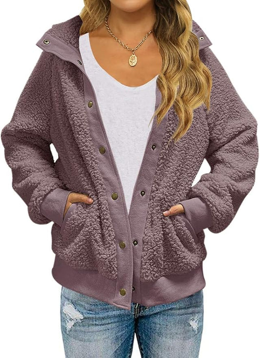 MEROKEETY Women's 2025 Winter Long Sleeve Button Sherpa Jacket Coat Pockets Warm Fleece