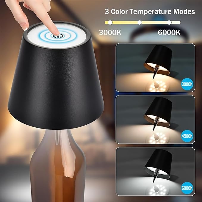 Wireless Bottle Lamp Shade-3 Color Stepless Dimming Bottle Table Lamp,Rechargeable Wireless Wine Bottle Lights,Touch Control Wine Bottle Lamp,Embed Portable Bottle Lights for Livingroom,Restaurant,Bar